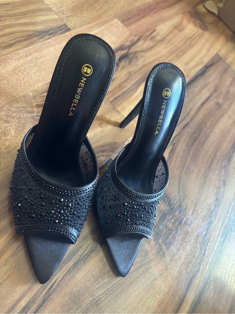 NEWBELLA Black Rhinestone Pointed Toe Slip-On Heels Size 5.5